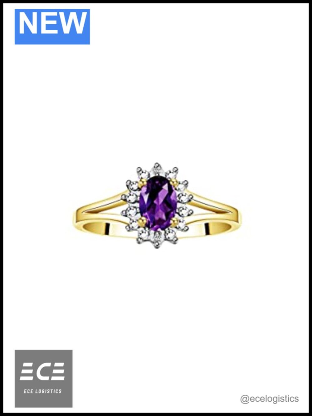 Halo Ring Diamond Birthstone 6X4MM Oval Gemstone Yellow Gold Plated Silver